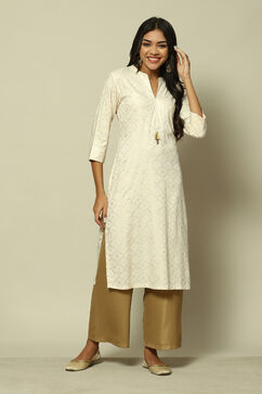 Cream LIVA Straight Printed Kurta image number 5