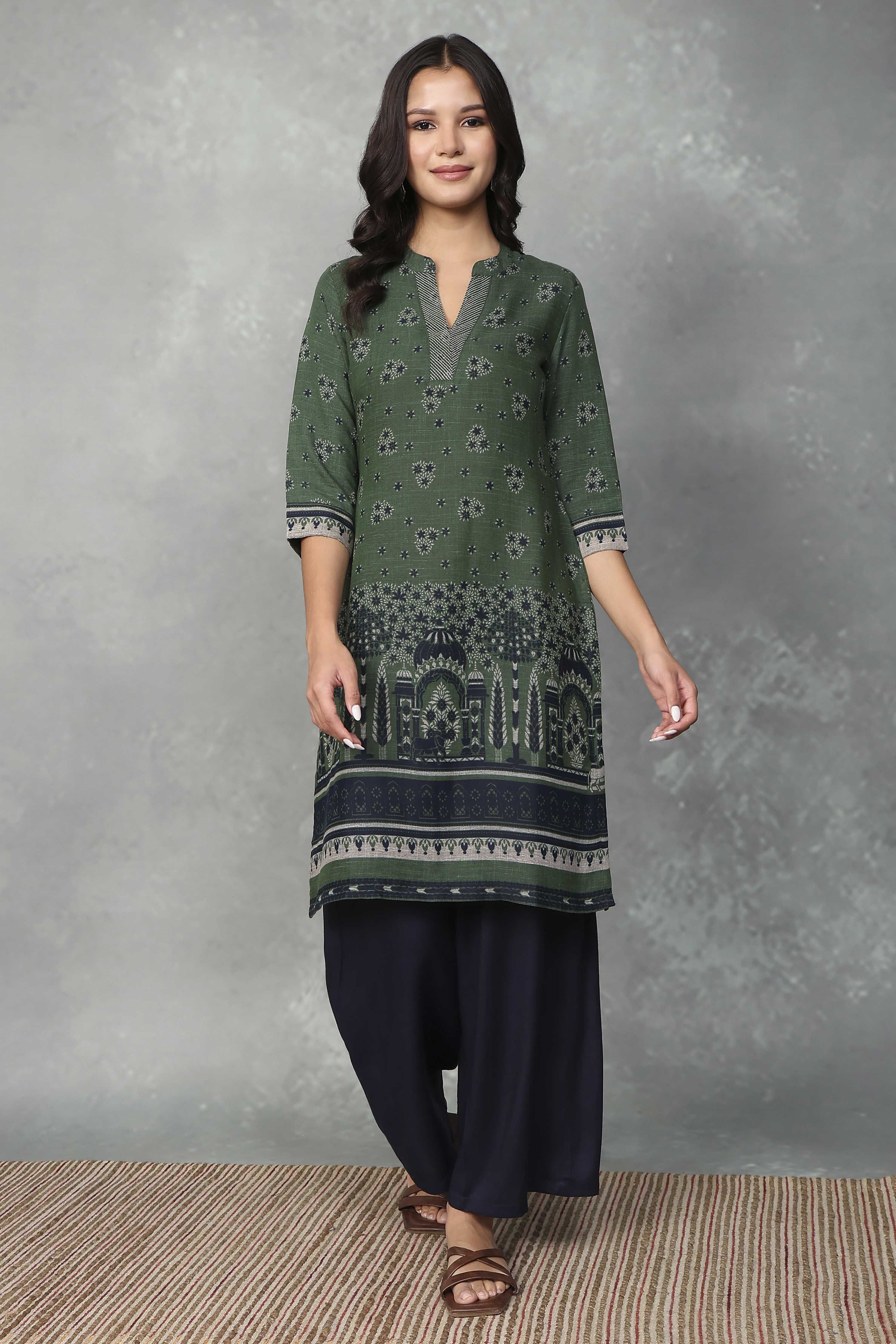 Green Viscose Polyester Viscose Rayon Kurta Pants Set image number 0