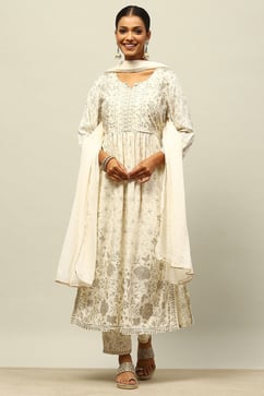 Off White Rayon Gathered Printed Kurta Palazzo Suit Set image number 6