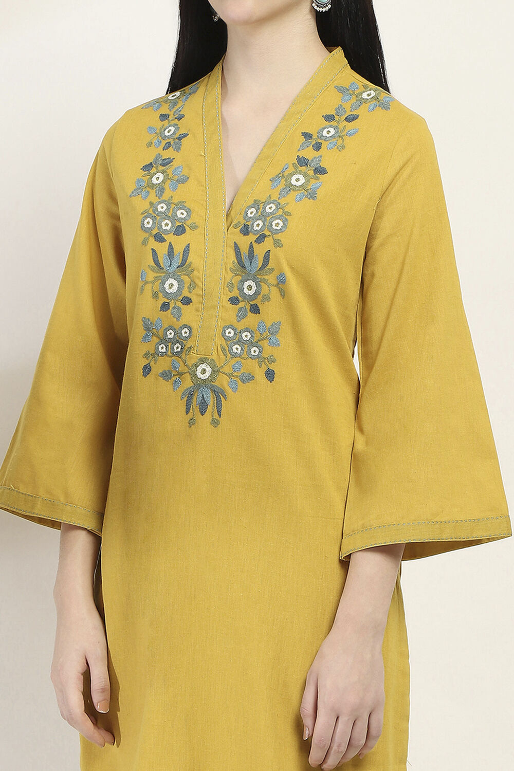 Yellow Cotton Embroidered Straight Kurta Set image number 1