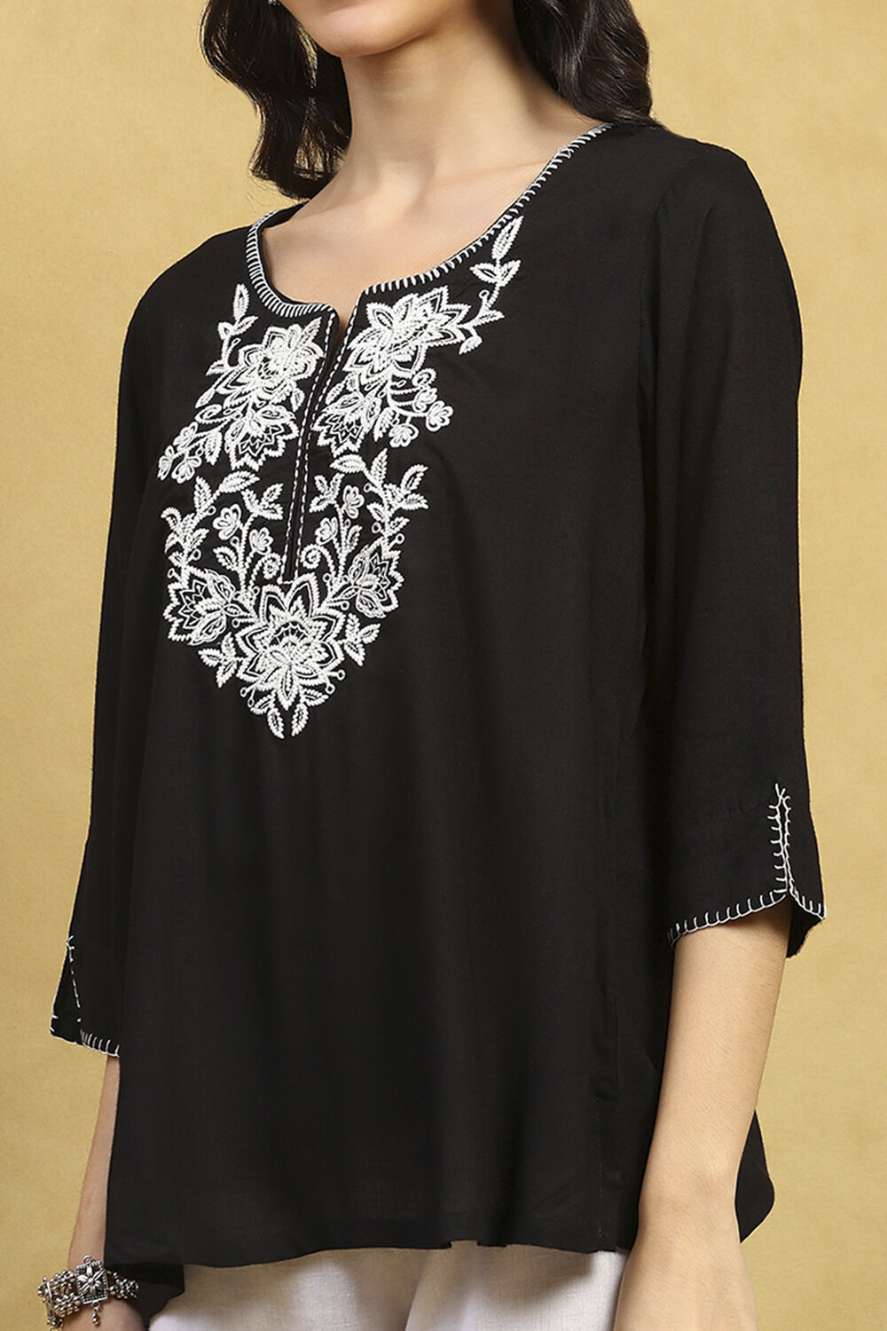 Black Viscose Rayon Embroidered Straight Top image number 1