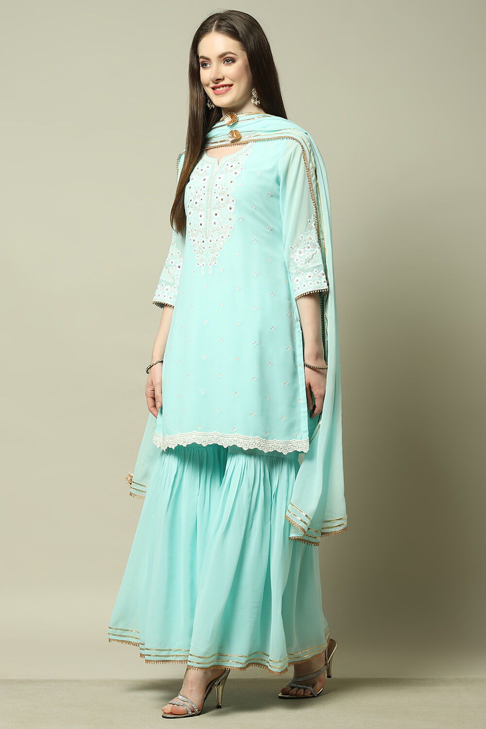 Aqua Blue Poly Georgette Kurta & Garara Suit Set image number 4