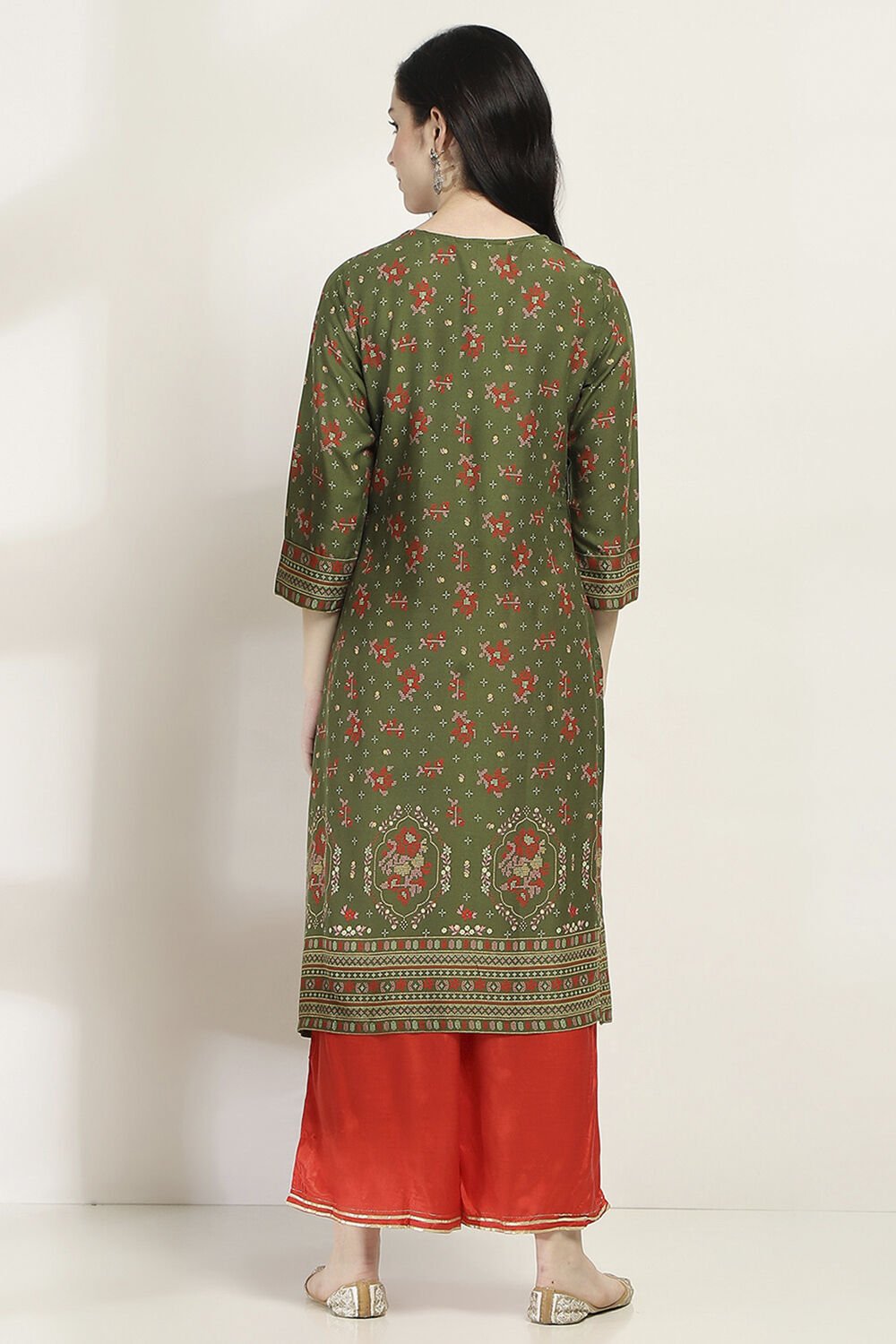 Olive Green Printed Straight Kurta image number 3