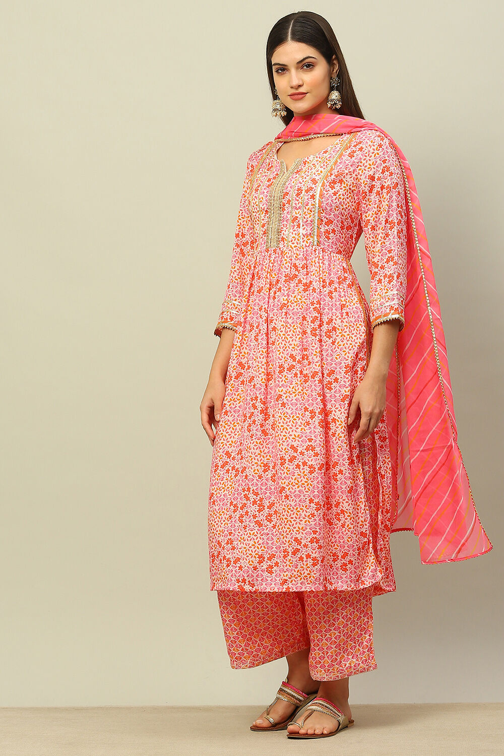 Orange Viscose Muslin Straight Printed Kurta Palazzo Suit Set image number 3