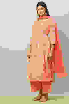 Orange Viscose Muslin Straight Printed Kurta Palazzo Suit Set image number 3