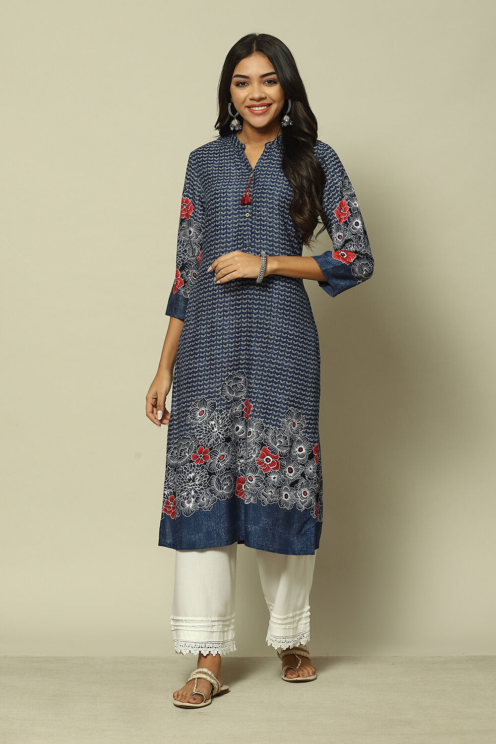 Indigo Blue LIVA Straight Printed Kurta image number 5