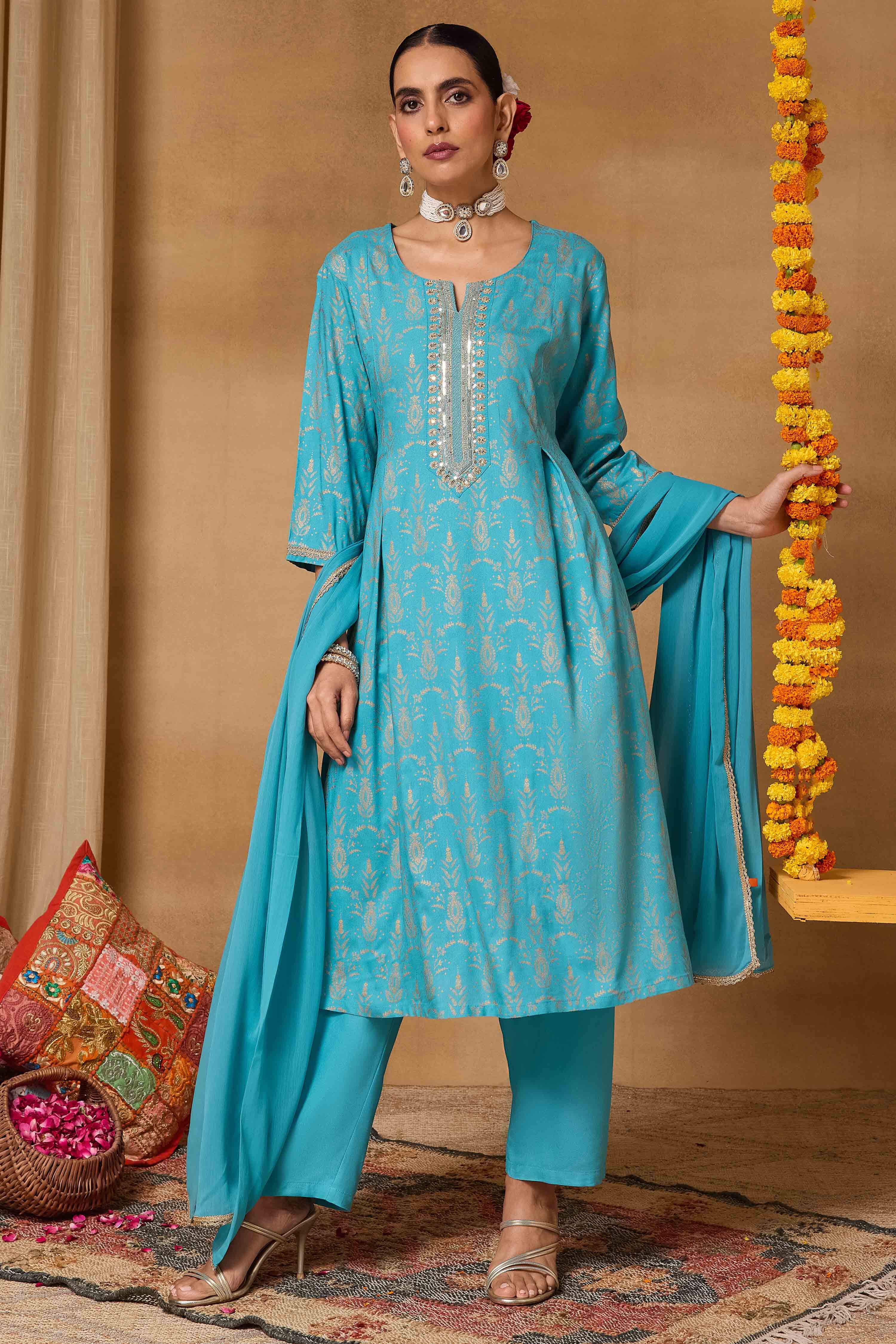 Red Viscose Rayon Straight Printed Suit Set image number 7