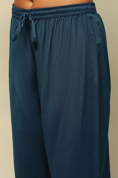 Petrol Blue Acrylic Straight Yarn Dyed Kurta Palazzo Suit Set image number 2