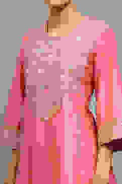 Pink Viscose Blend Embroidered Kalidar Suit Set image number 1