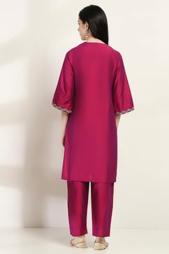 Purple Embroidered Straight Suit Set image number 4