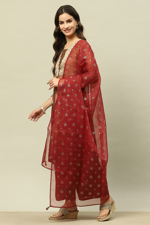 Gold Crepe Georgette Straight Printed Kurta Palazzo Suit Set image number 3