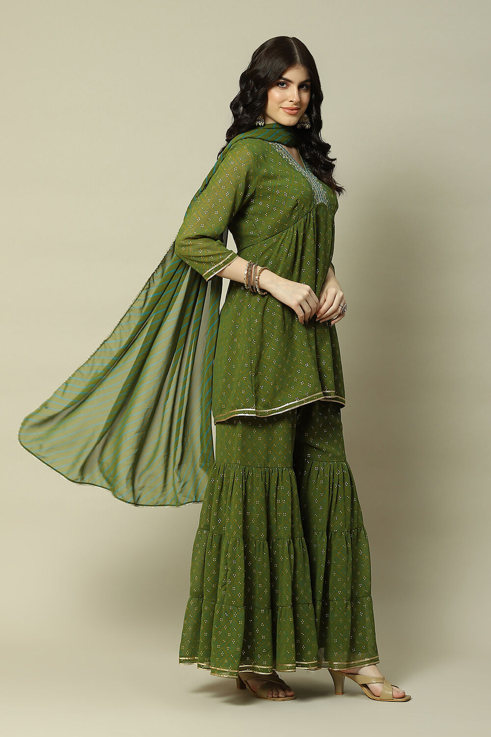 Green Viscose Gathered Printed Kurta Sharara Suit Set image number 6