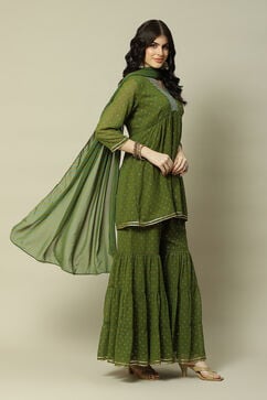 Green Viscose Gathered Printed Kurta Sharara Suit Set image number 7