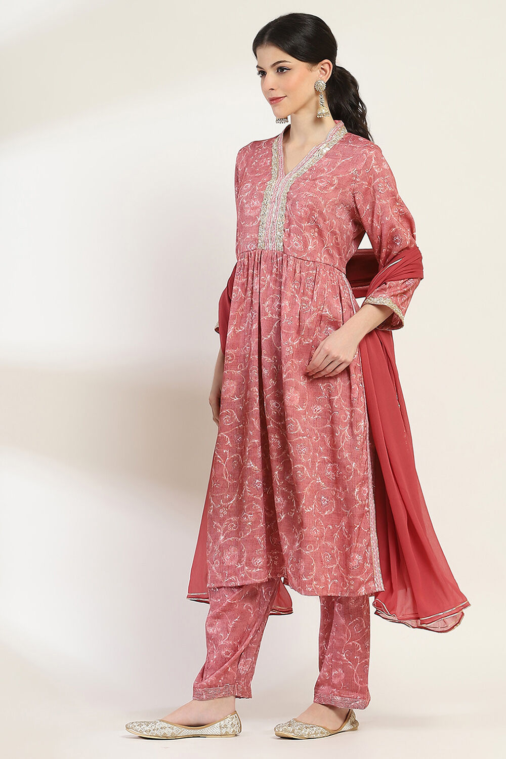 Grey Printed Gathered Suit Set image number 3