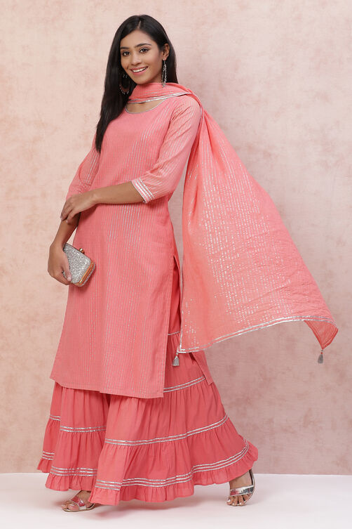 Peach Cotton Lurex Straight Suit Set image number 0