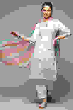 White Poly Chiffon Straight Kurta & Pants Suit Set image number 0