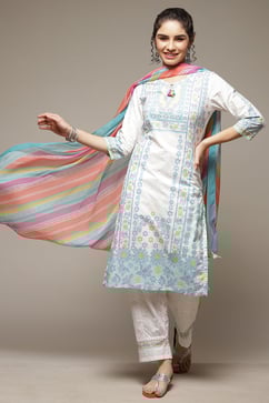 White Poly Chiffon Straight Kurta & Pants Suit Set image number 0