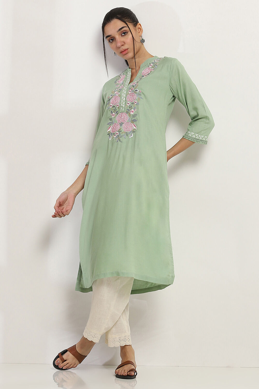 Sage Green Floral Straight Kurta image number 0