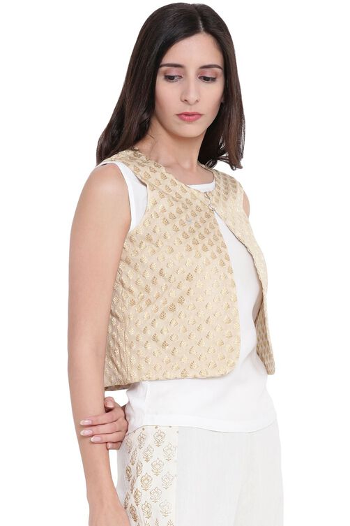 Beige Art Silk Front Open Reversible Jacket image number 3