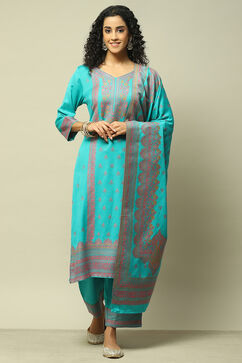 Teal Poly Viscose Straight Yarndyed Kurta Palazzo Suit Set image number 7