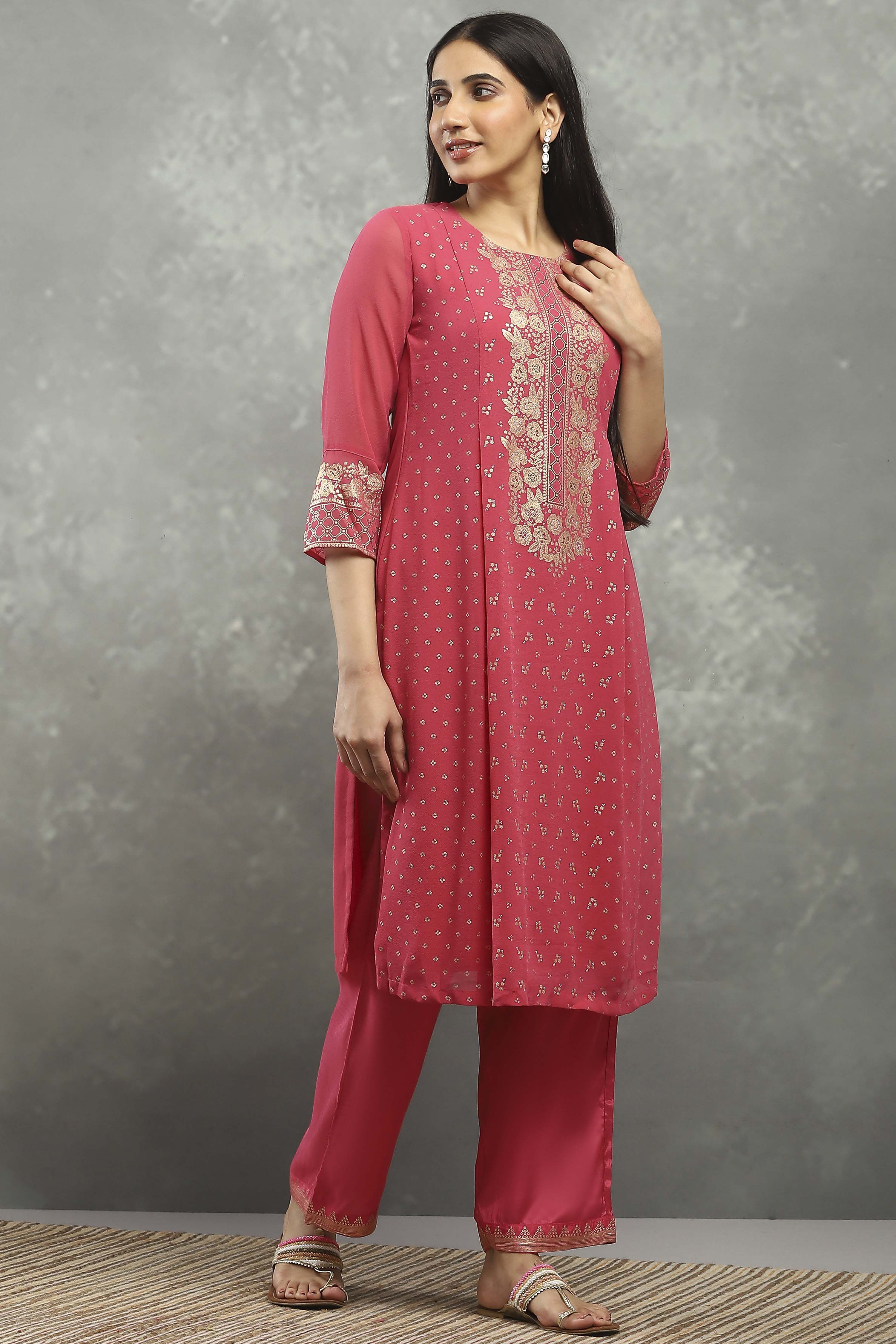 Pink Viscose Straight Kurta Pants Set image number 5