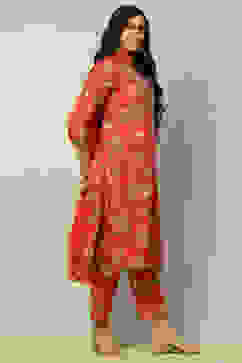 Red Cotton Lurex Floral Printed Straight Suit Set image number 5