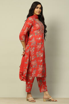 Red Cotton Lurex Floral Printed Straight Suit Set image number 5