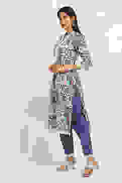 Purple Cotton Floral Straight Kurta Set image number 3