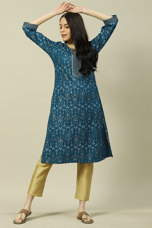 Teal Blue Viscose Straight Kurta image number 5