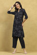 Navy Viscose Blend Printed Straight Kurta Pants Set