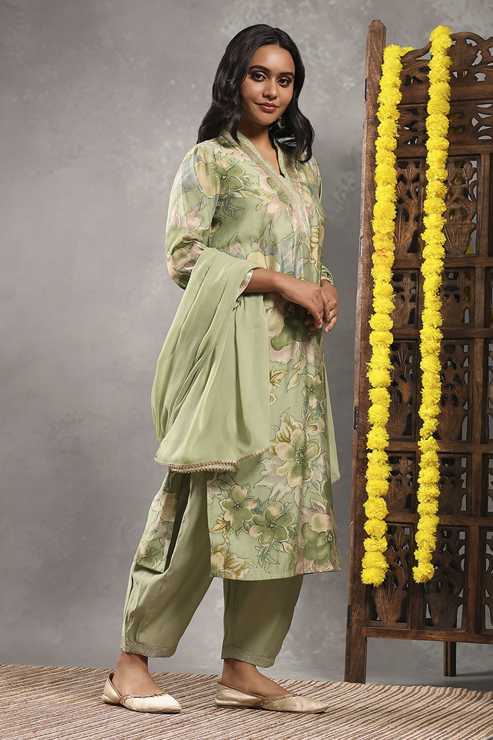 Mustard Viscose Blend Printed Straight Suit Set image number 5