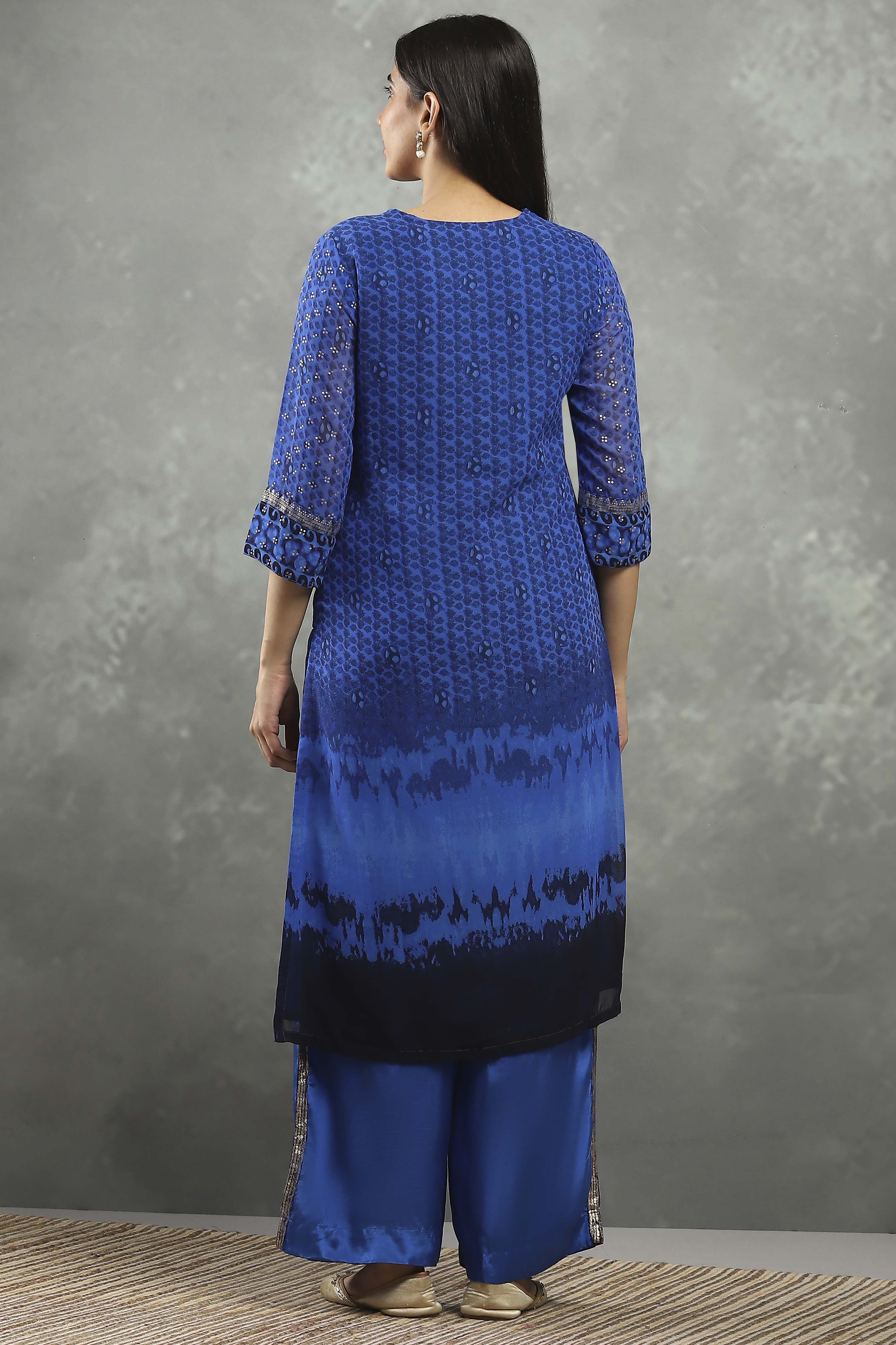 Blue Polyester Straight Kurta Pants Set image number 4