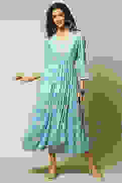 Blue LIVA Tiered Printed Dress image number 0