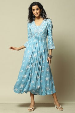 Blue LIVA Tiered Printed Dress image number 0