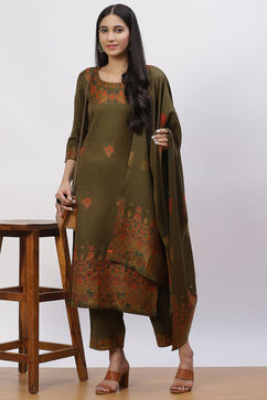 Olive Green Acrylic Straight Suit Set image number 0