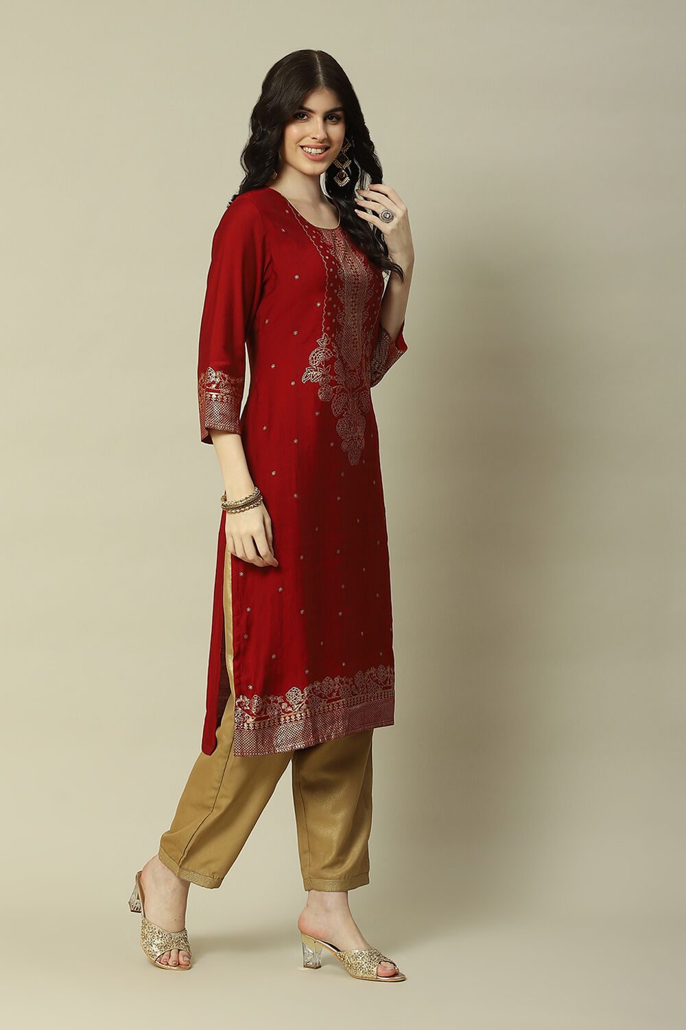 Maroon LIVA Straight Printed Kurta image number 3