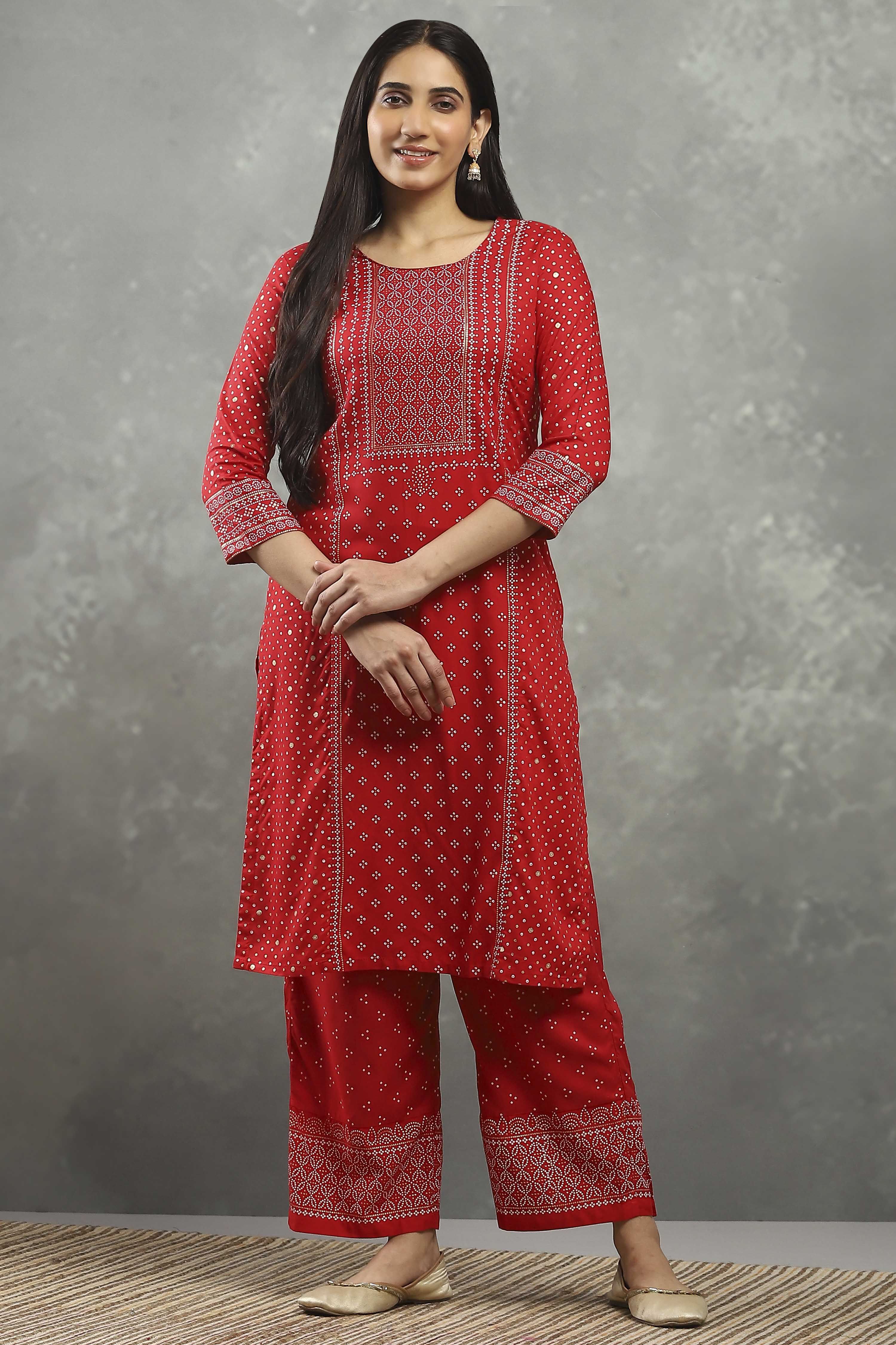 Red Viscose Flared Kurta Pants Set image number 6