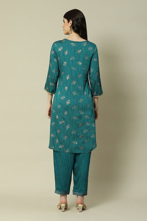 Green Poly Viscose Straight Printed Kurta Palazzo Suit Set image number 4