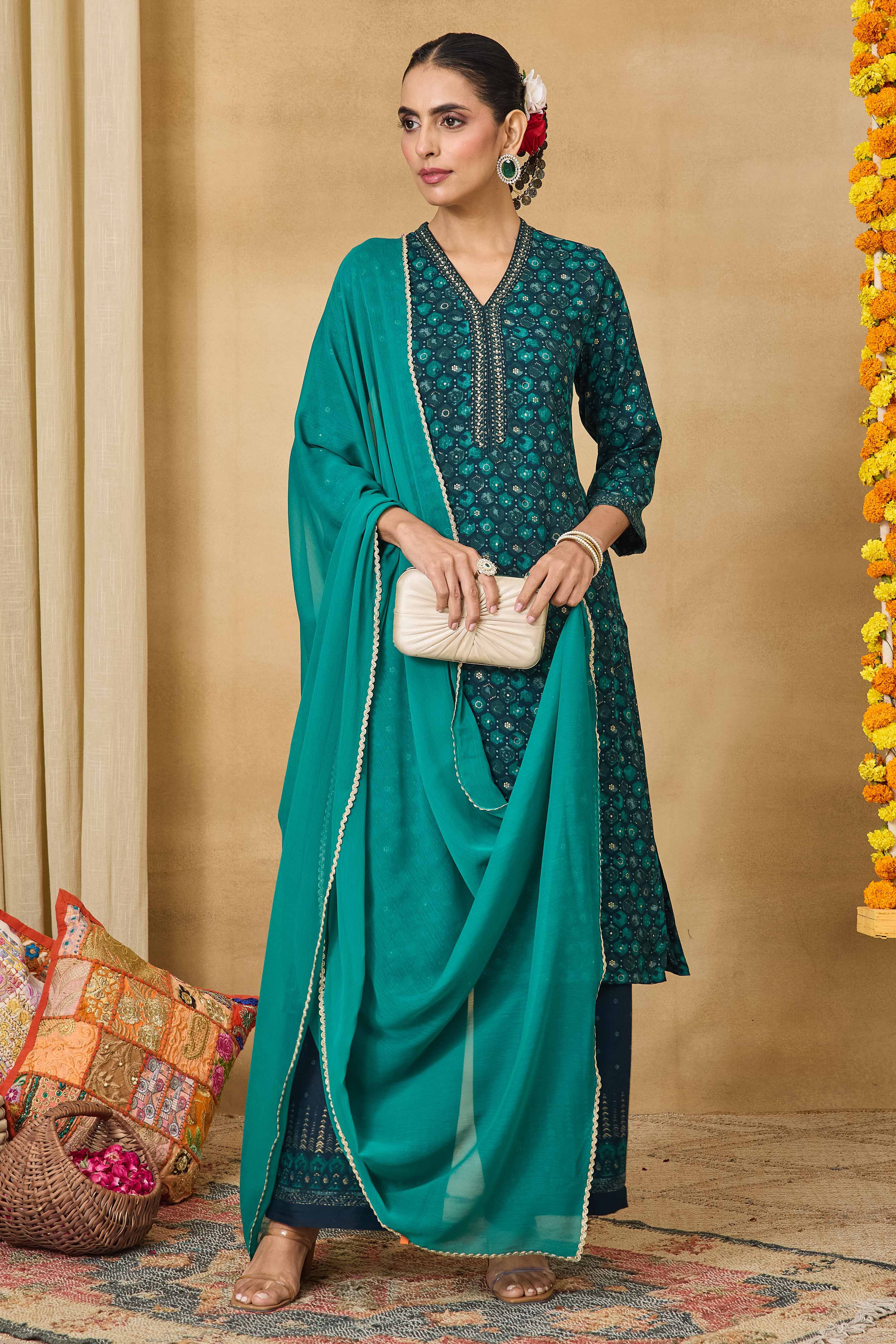 Teal Viscose Blend Straight Printed Suit Set image number 0