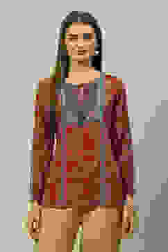 Rust Polyester Straight Printed Top image number 5