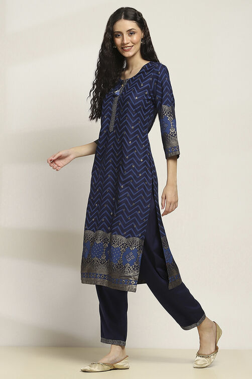 Indigo Viscose Rayon Printed Straight Kurta Pants Set image number 3