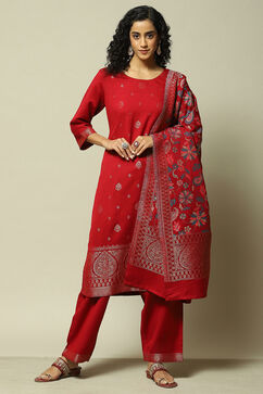 Red Poly Viscose Straight Yarndyed Kurta Palazzo Suit Set image number 0