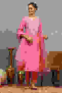 Pink Viscose Blend Embroidered Kalidar Suit Set image number 0