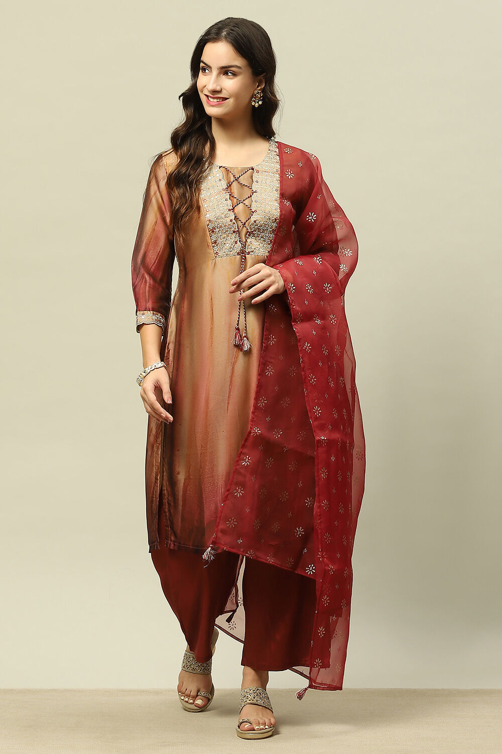 Gold Crepe Georgette Straight Printed Kurta Palazzo Suit Set image number 0