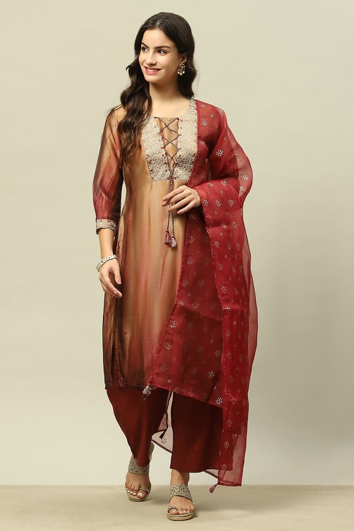 Gold Crepe Georgette Straight Printed Kurta Palazzo Suit Set image number 0