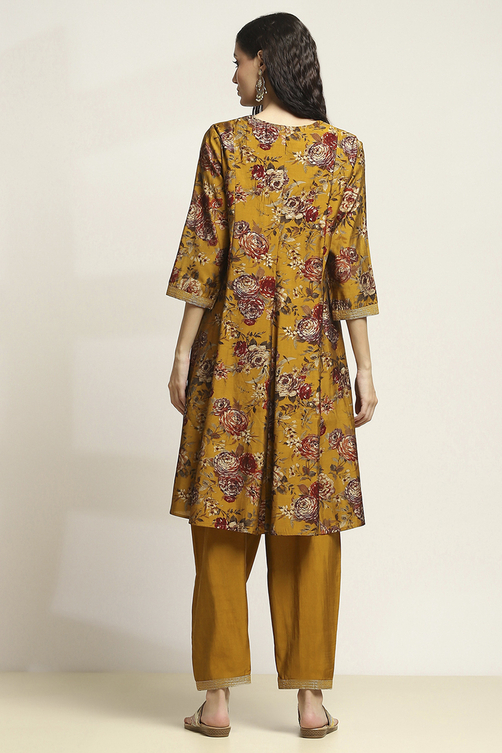 Mustard Viscose Blend Printed Kalidar Suit Set image number 4