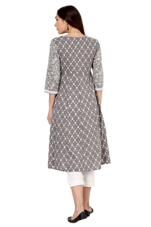 Grey Kalidar Cotton Kurta image number 5