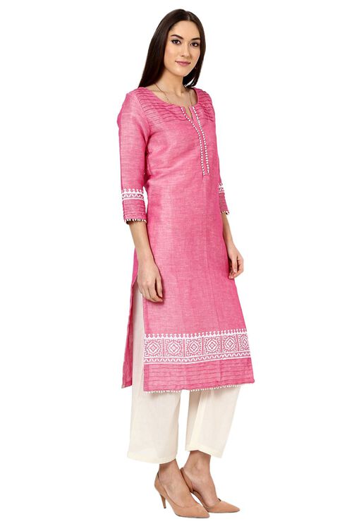 Pink Straight Poly Cotton Kurta image number 2