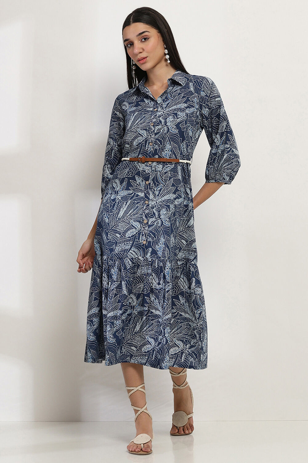 Indigo Cotton Printed Tiered Dress image number 0