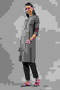 Black Cotton Textured Straight Kurta image number 2